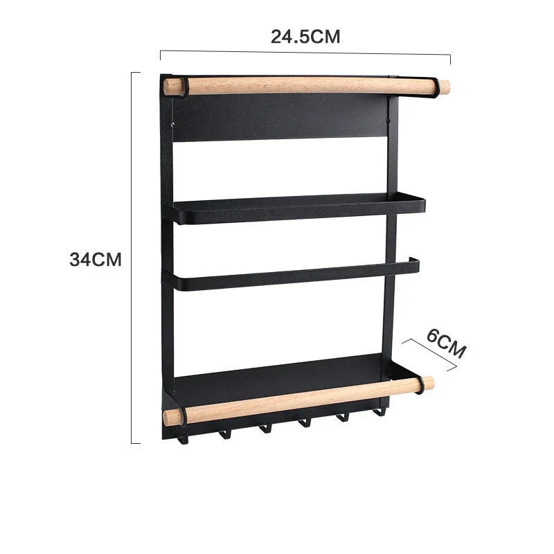 Stylish magnetic refrigerator rack with six storage hooks and wooden crossbar for organising kitchen essentials