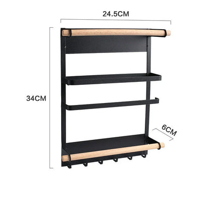 Stylish magnetic refrigerator rack with six storage hooks and wooden crossbar for organising kitchen essentials