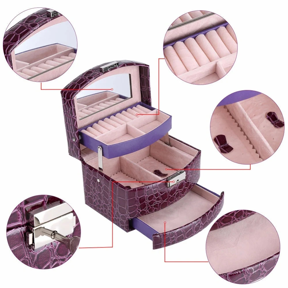 3-layer leather jewellery and makeup storage box with mirror in various colours