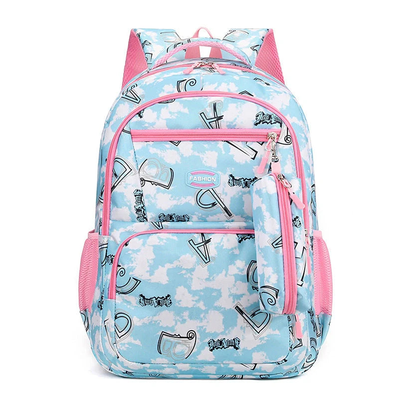 Letter print backpack with pencil case for primary school students in various colours