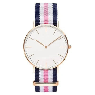 Nylon strap watch with round dial and quartz movement available in ten colours