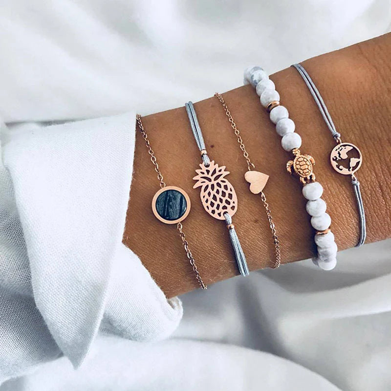 Bead Chain Bracelet Set featuring star and moon design in alloy material
