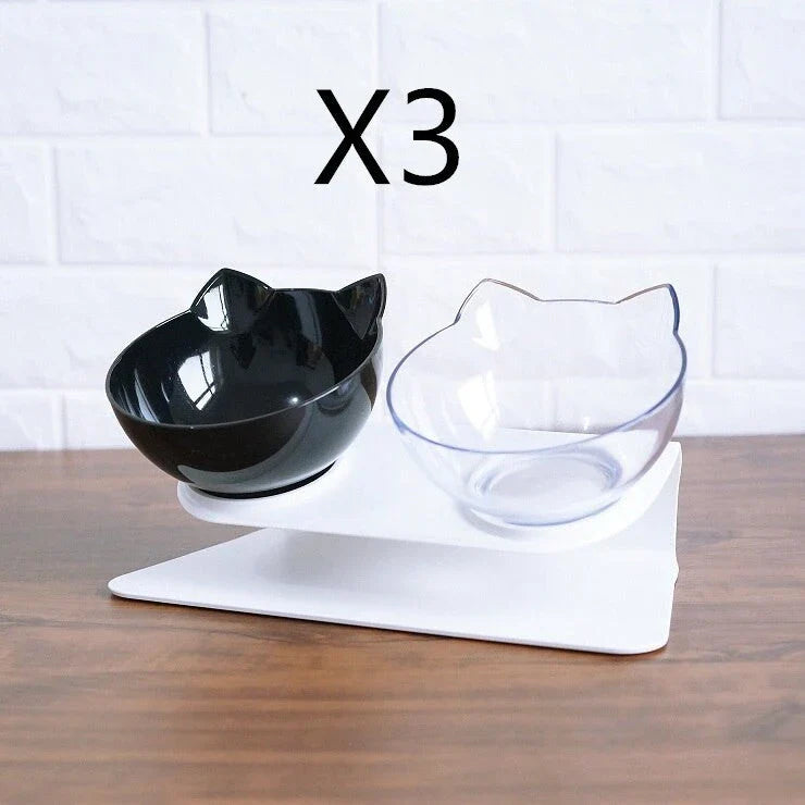 Elevated tilted pet bowl with non-slip stand in transparent, white, and black color options