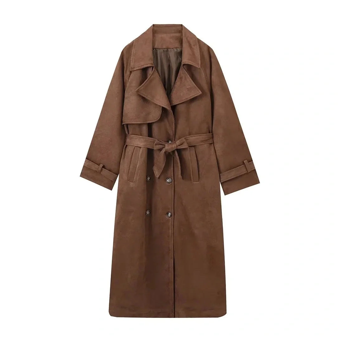 Double-breasted vintage suede long coat with belt for women in brown and light brown