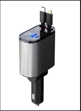 Ultra-Fast 100W Car Charger with Retractable Cable and Adjustable Connector for Rapid Smartphone, Tablet, and Laptop Charging