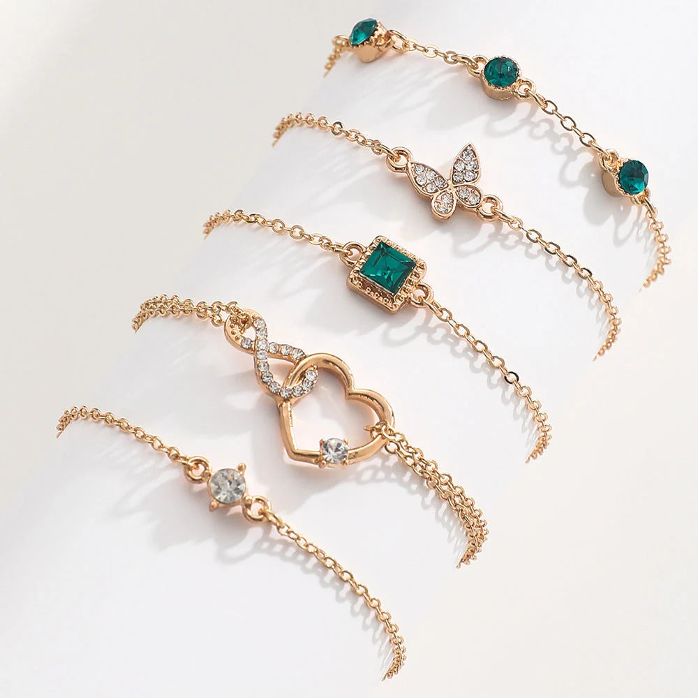 Bohemian green crystal heart bracelet set for women