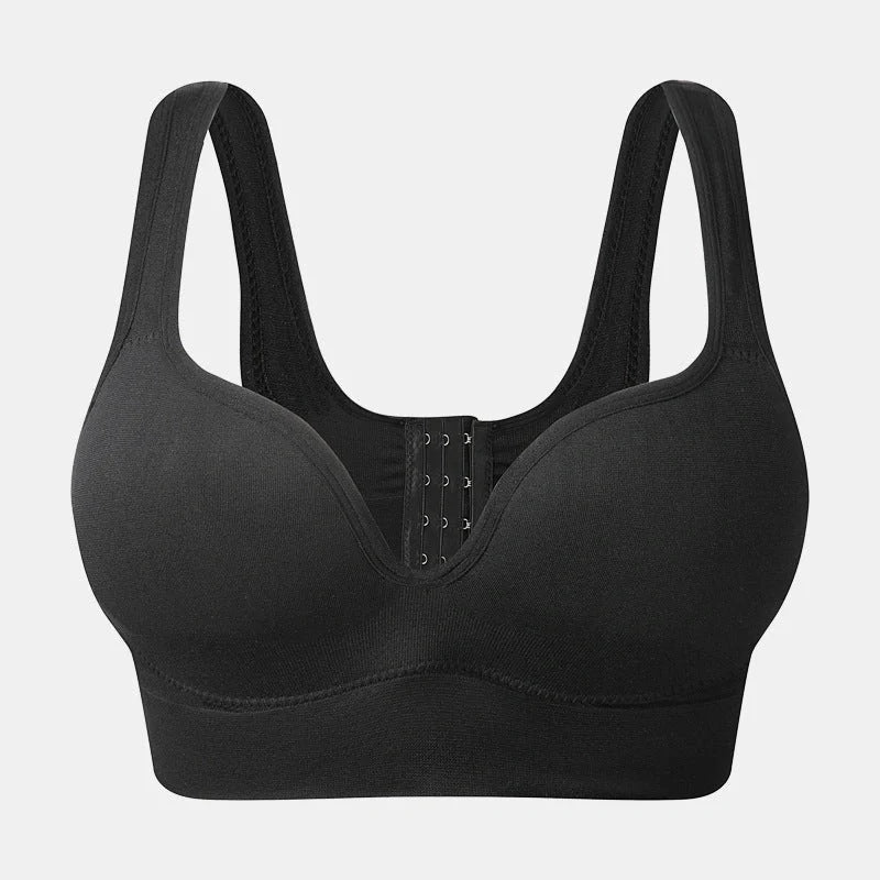 Back Button Up Bra with wide white straps in white, black, and apricot
