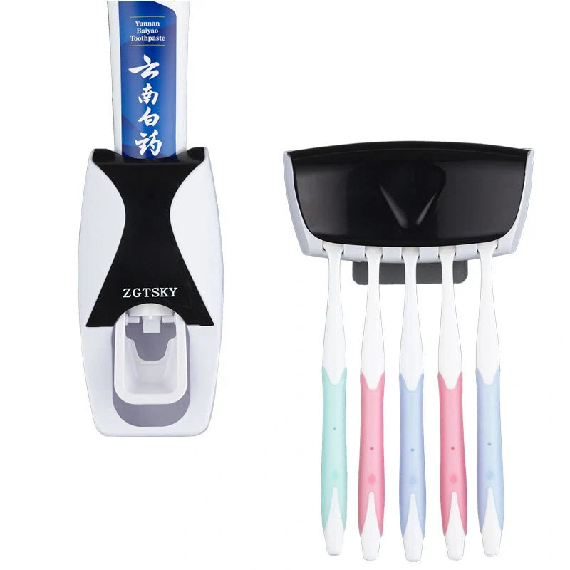 Dust-proof automatic toothpaste squeezer and toothbrush holder set in black, blue, or red