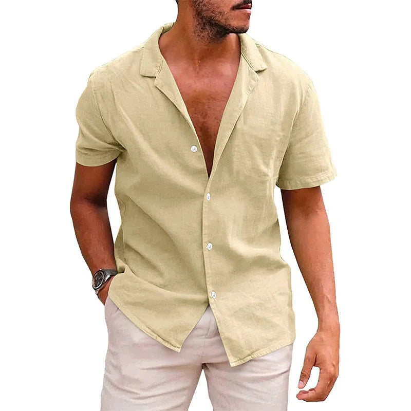 Men's casual linen-cotton blend short sleeve button-down shirt in various colours