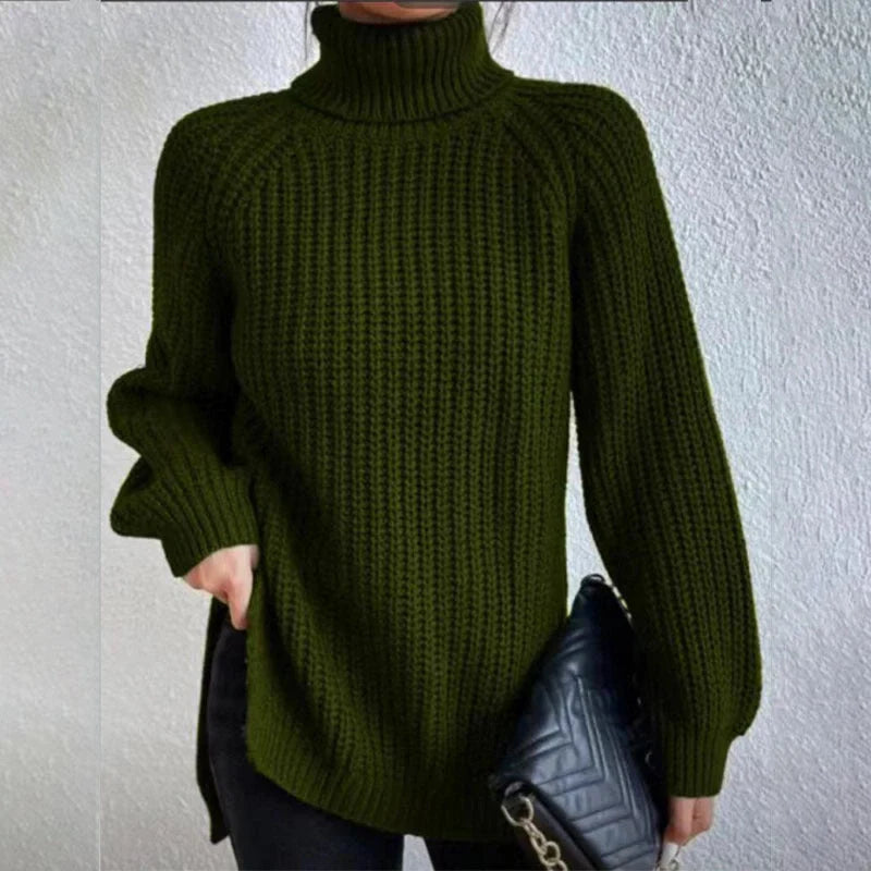 A stylish turtleneck pullover sweater with a unique split design, available in a variety of classic colours and sizes.