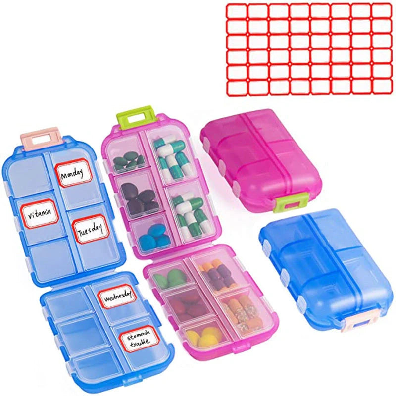 10-grid moisture-proof travel pill organizer in various colours for secure medication storage