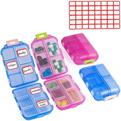 10-grid moisture-proof travel pill organizer in various colours for secure medication storage