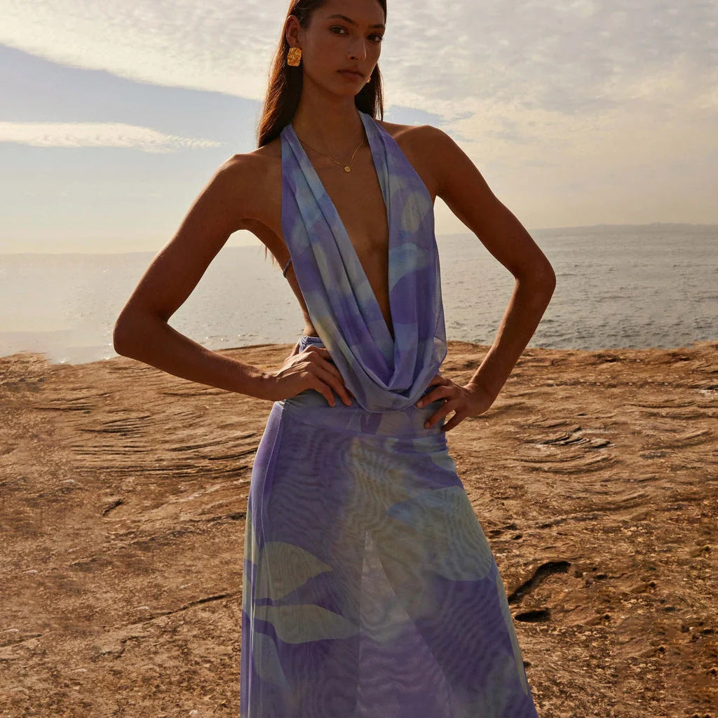 Tie Dye Printing Deep V-neck Halter Backless Long Dresses Set for Women in green and purple