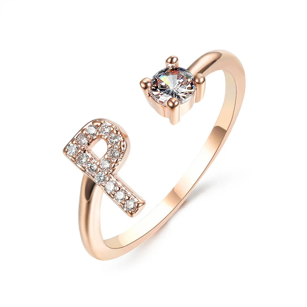 Customizable adjustable ring with 26 letters for women, featuring zircon stones and copper alloy construction