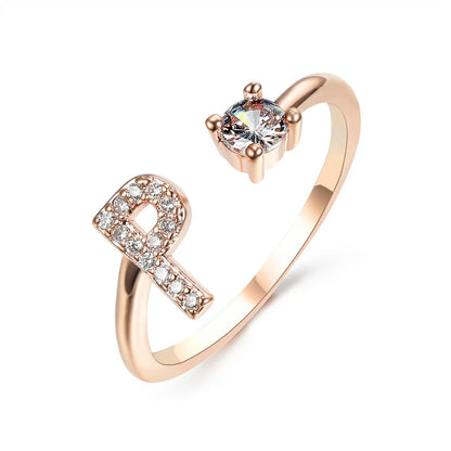 Customizable adjustable ring with 26 letters for women, featuring zircon stones and copper alloy construction