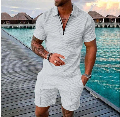 Men's casual contrast polo zip lapel shirt with shorts set in various colours