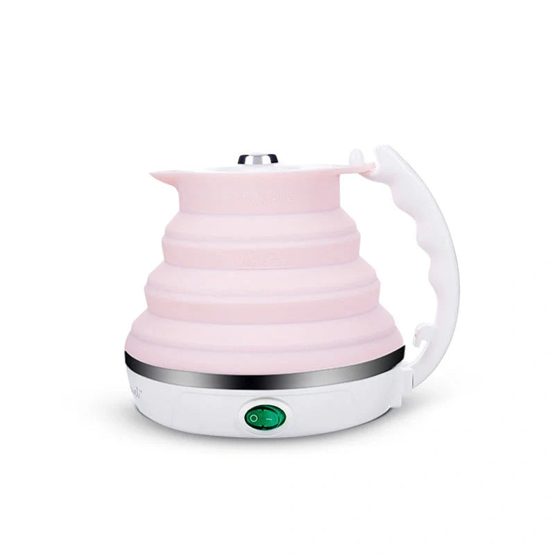 Foldable Electric Kettle in white, blue, and pink with UK, US, and EU plug options