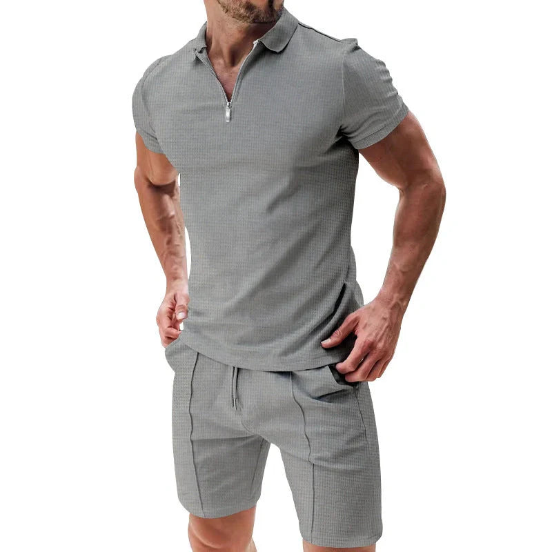 Men's summer waffle suit set with zipper lapel and drawstring shorts in various colours
