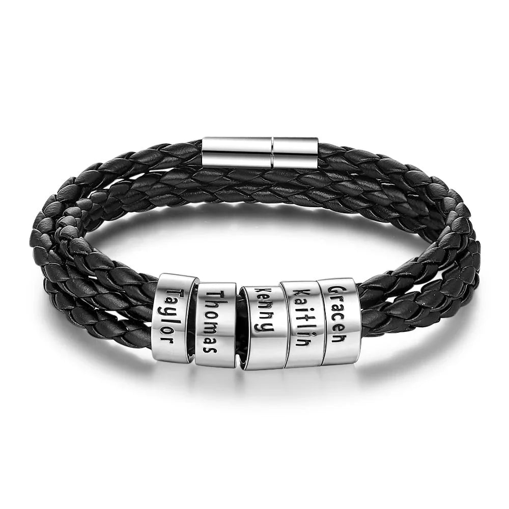 Personalized Leather Bracelet with Engraved Name Charm in Black and Brown Colors
