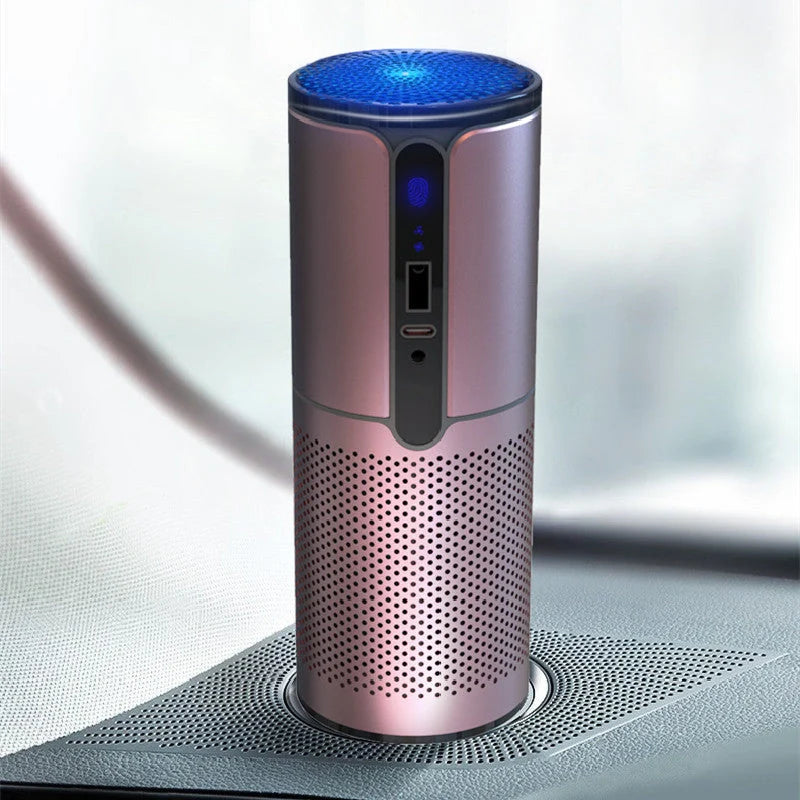 Compact car air purifier with HEPA technology in black, navy blue, rose gold, and dark grey