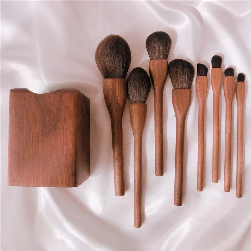 Wood Handle Makeup Brush Set with Natural Goat Hair Bristles and Walnut Wood Handle