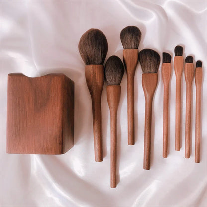 Wood Handle Makeup Brush Set with Natural Goat Hair Bristles and Walnut Wood Handle