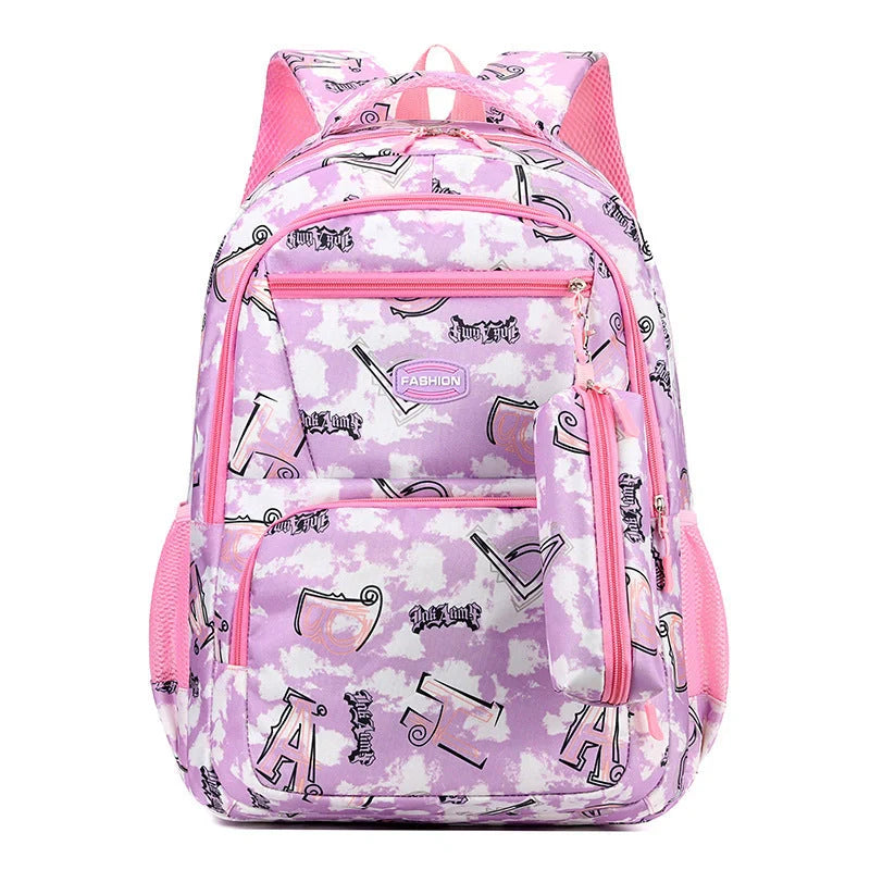 Letter print backpack with pencil case for primary school students in various colours