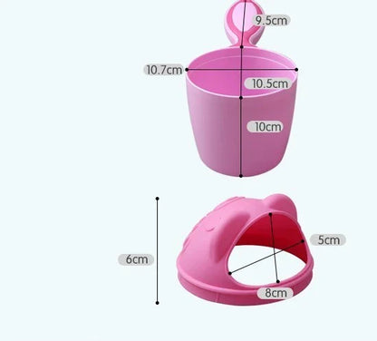 Shampoo rinse cup for baby bath time with comfortable handle and bright, colourful design