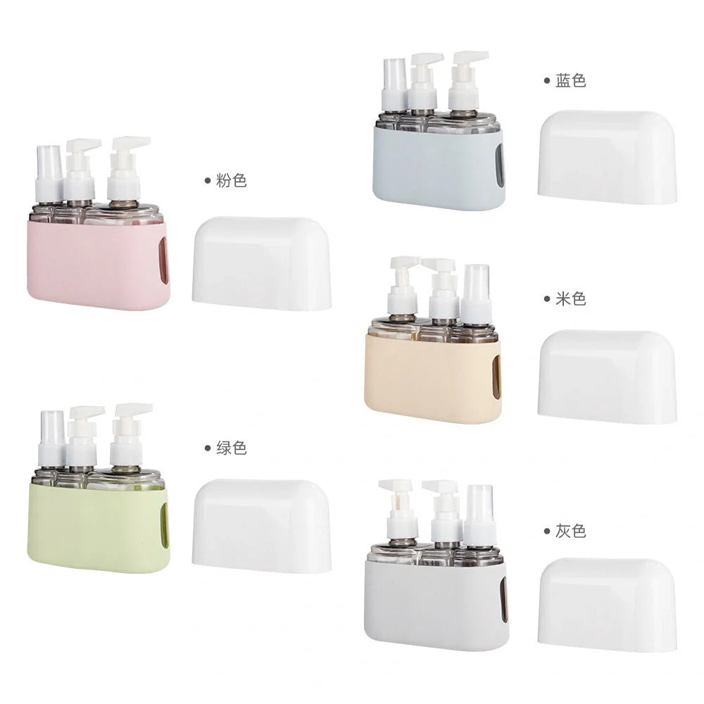 Leak-proof travel bottle set in green, blue, beige, gray, and pink