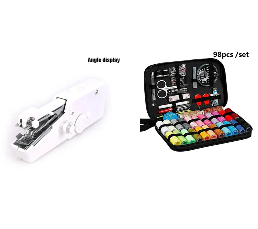 Compact home sewing kit with 98 accessories including needles, threads, scissors, and more