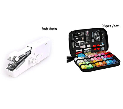 Compact home sewing kit with 98 accessories including needles, threads, scissors, and more