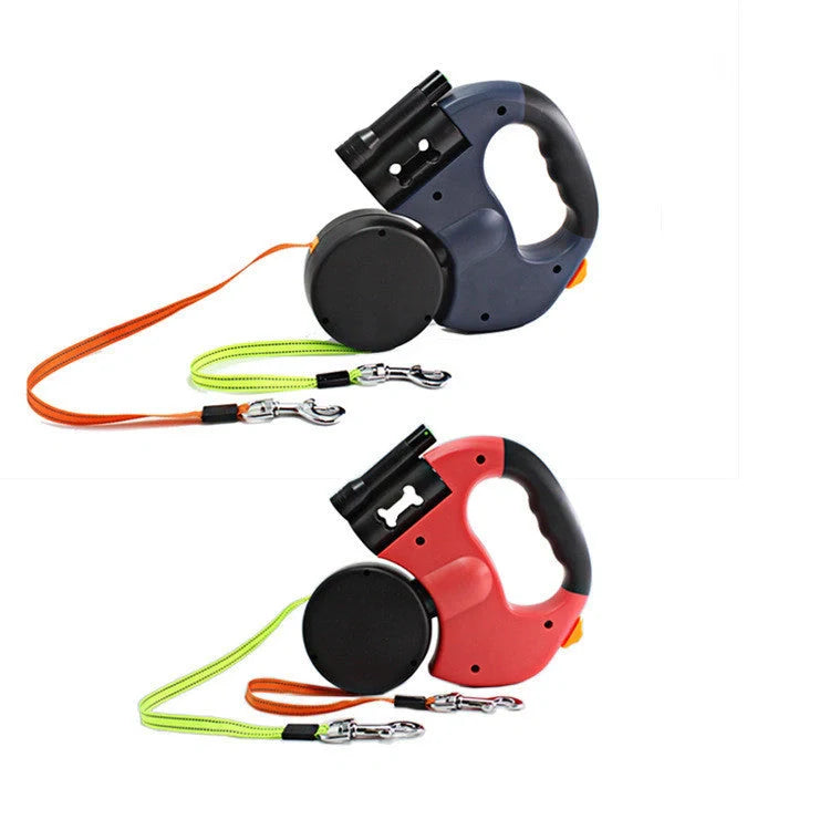 Dual-headed dog leash with flashlight and garbage bag box in grey and red