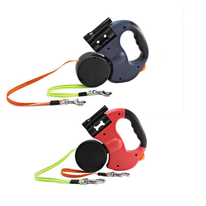 Dual-headed dog leash with flashlight and garbage bag box in grey and red