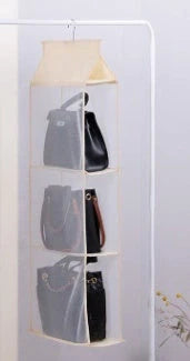 Foldable hanging multi-layer sundries storage rack in grey and beige