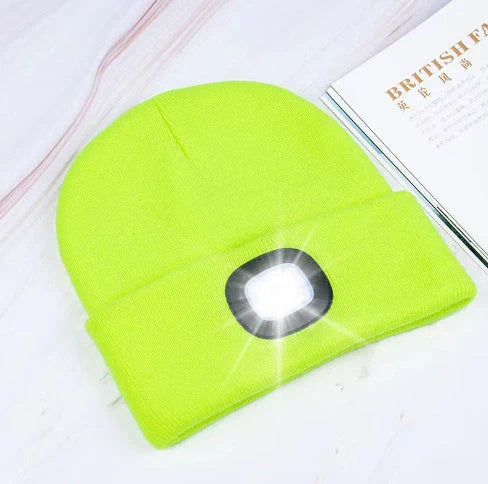 LED Knit Hat with built-in light for night visibility, made from 100% wool