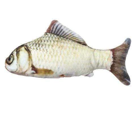 Soft, durable and realistic cat plush toy in the shape of a fish pillow, available in various sizes and designs.