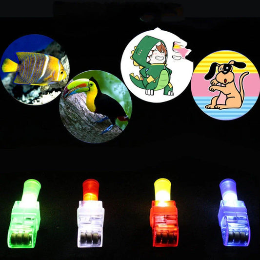 LED Finger Light Ring projecting cartoon patterns at a children's party