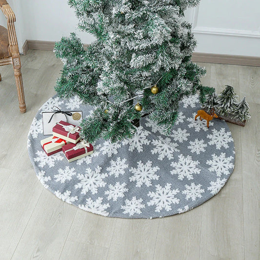 Soft, plush Christmas tree carpet skirt in red and grey, adding festive charm to a living room