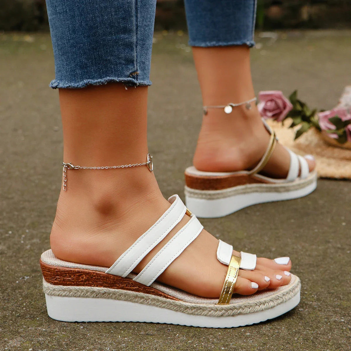 Colorblock wedge sandals with thick hemp sole, round toe, and slide-on style in a variety of vibrant summer colors