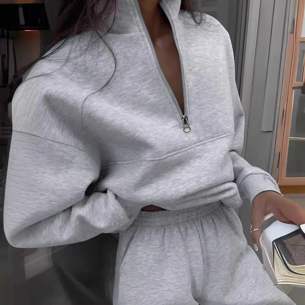 Women's long-sleeved sports sweatshirt suit with stand-up collar and elastic band trousers
