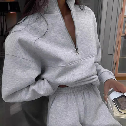 Women's long-sleeved sports sweatshirt suit with stand-up collar and elastic band trousers