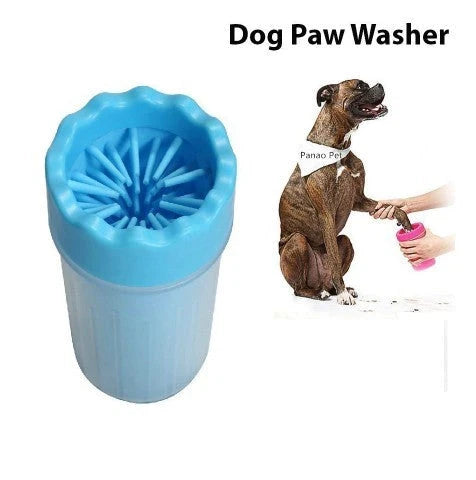 Silicone Dog Paw Washer Cup in various colors and sizes, featuring soft bristles for gentle cleaning.