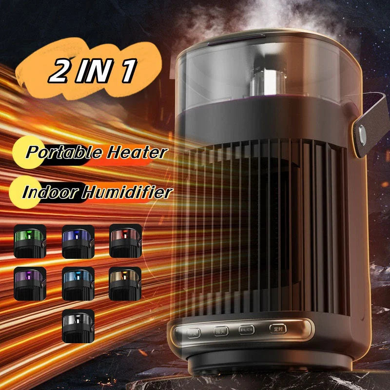 Versatile 2-in-1 portable heater and humidifier with sleek black design, suitable for use in home or office