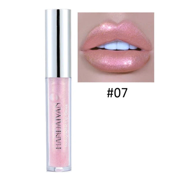 Polarized lip gloss in six vibrant shades, showcasing high-shine finish and vitamin E enrichment