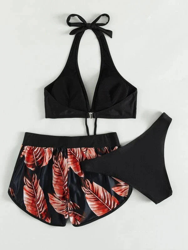 Stylish leaf print bikini with matching shorts in a variety of vibrant colors and patterns