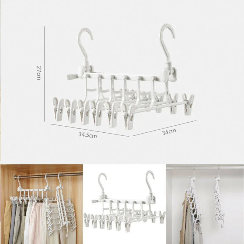 A white plastic hanging rack designed to maximise closet storage space by allowing users to vertically stack their clothes and accessories.