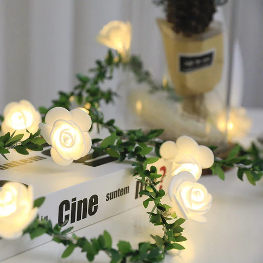 Elegant rose vine fairy lights with warm white LED bulbs for cozy, romantic home decor