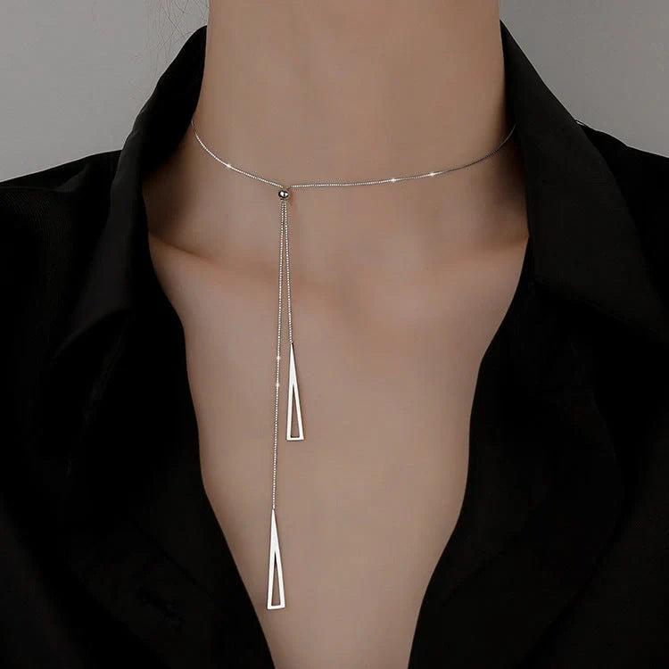 Adjustable sterling silver geometric triangle clavicle necklace for women, modern Korean style jewellery