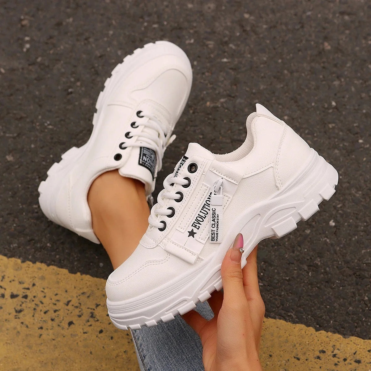 Women's lace-up sports sneakers with side-zipper in white, black, and cream white