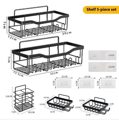 Sleek no-drill bathroom organiser rack set in carbon steel, perfect for clutter-free storage